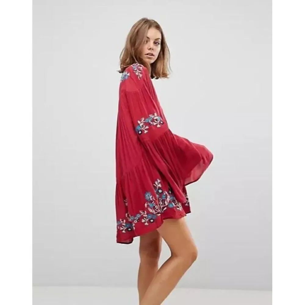 Free People Te Amo Embroidered Mini Dress Red XS Flared Sleeve Flowy Oversized